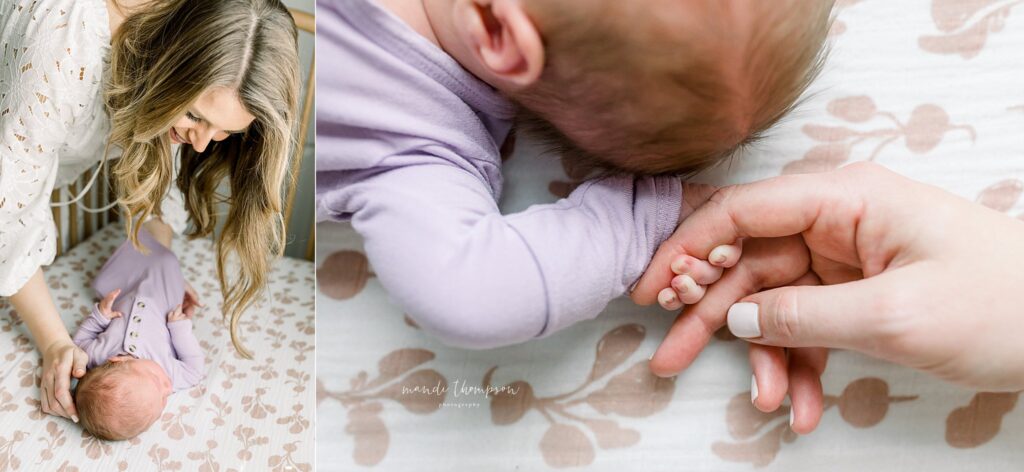 Close-up of newborn baby’s tiny hands held by mother during Katy, Texas newborn session