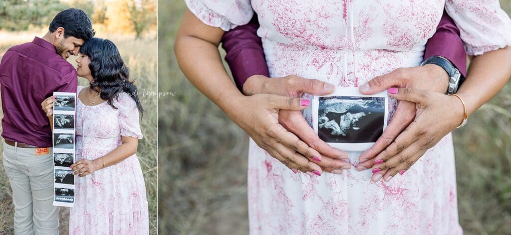 Close-up of hands on baby bump during luxury maternity session Katy TX