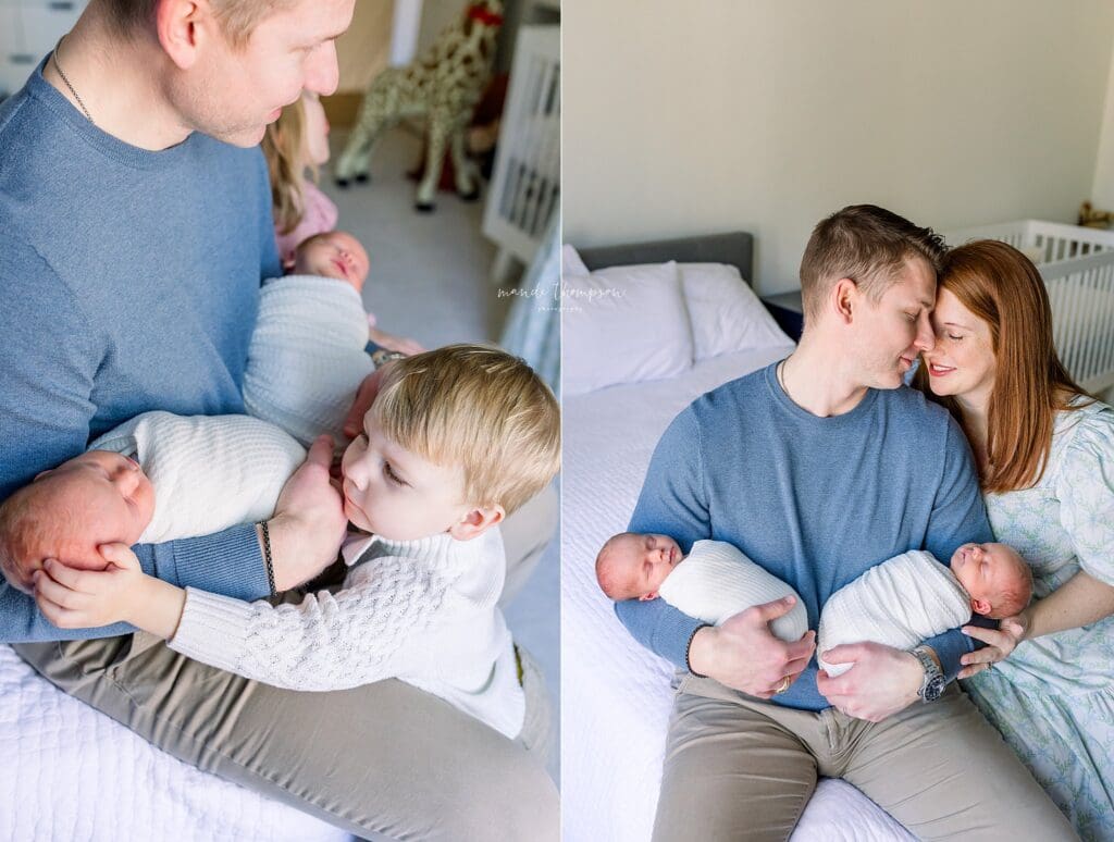 dad snuggling with family during newborn session in katy texas